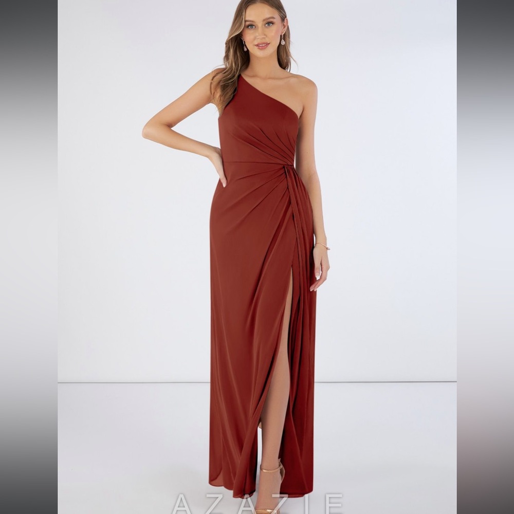 Azazie Jhene Terracotta Bridesmaid Formal Dress One-Shoulder